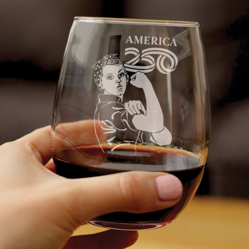 America 250 Rosie the Riveter Engraved Stemless Wine Glass America250 Official for 250th Anniversary of the USA Wine Glasses - 15 oz