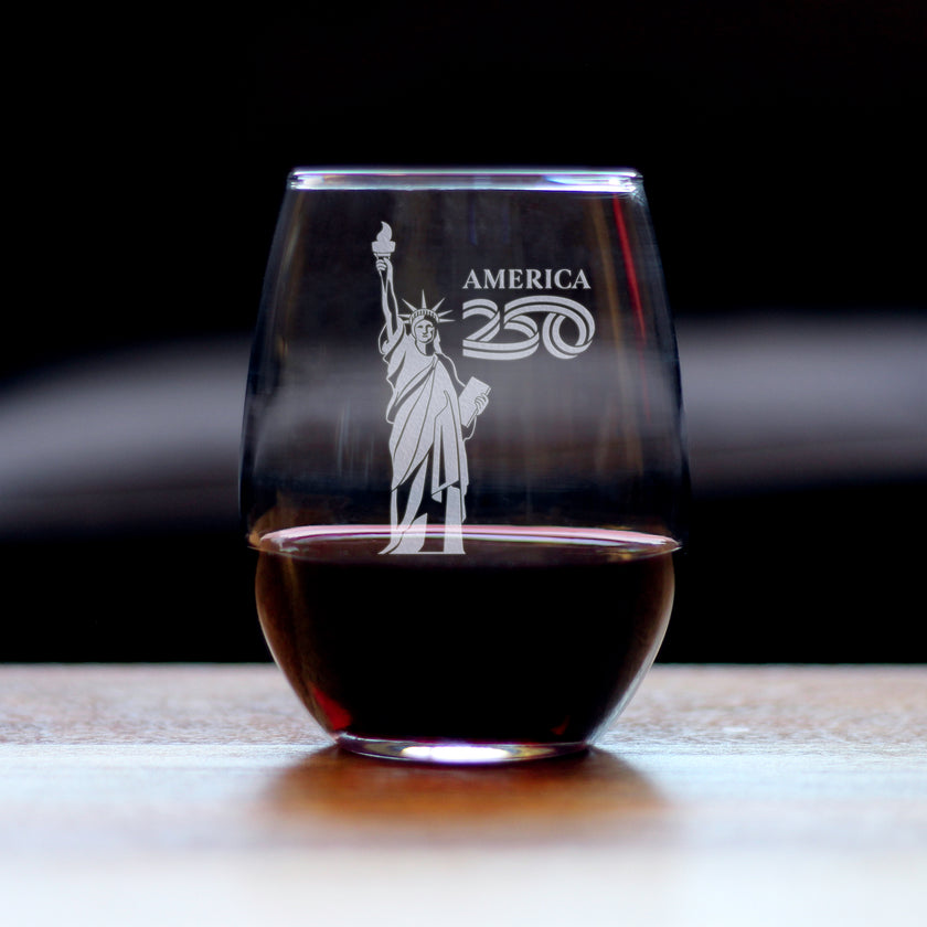 America 250 Statue of Liberty Engraved Stemless Wine Glass America250 Official for 250th Anniversary of the USA Wine Glasses - 15 oz
