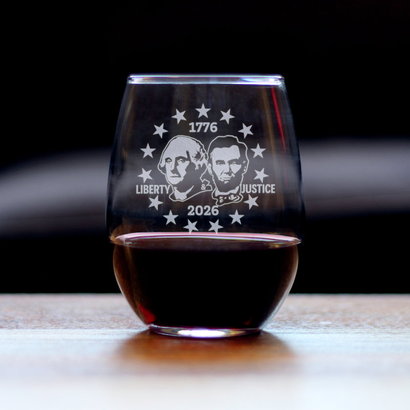 America 250 Washington Lincoln Engraved Stemless Wine Glass America250 Official for 250th Anniversary of the USA Wine Glasses - 15 oz