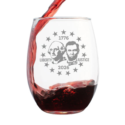 America 250 Washington Lincoln Engraved Stemless Wine Glass America250 Official for 250th Anniversary of the USA Wine Glasses - 15 oz