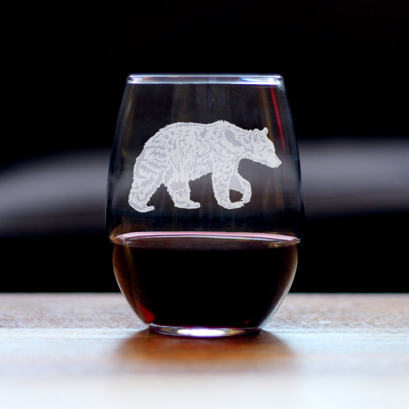 Bear Engraved Stemless Wine Glass - Multi-Layer Engraving - 17 oz & 15 oz