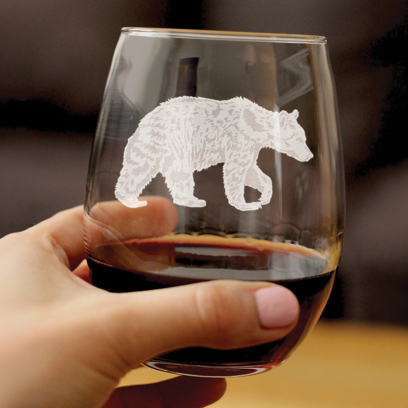 Bear Engraved Stemless Wine Glass - Multi-Layer Engraving - 17 oz & 15 oz