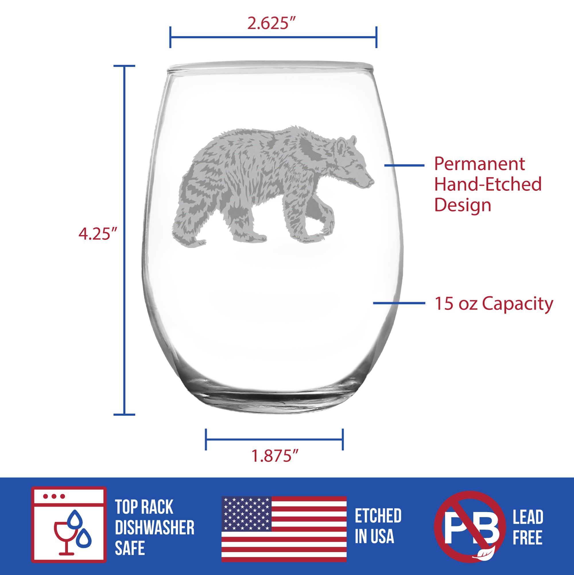 Bear Engraved Stemless Wine Glass - Multi-Layer Engraving - 17 oz & 15 oz