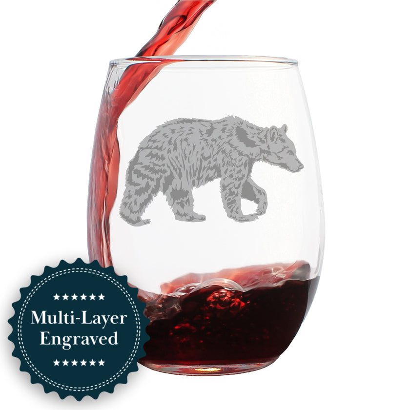Bear Engraved Stemless Wine Glass - Multi-Layer Engraving - 17 oz & 15 oz
