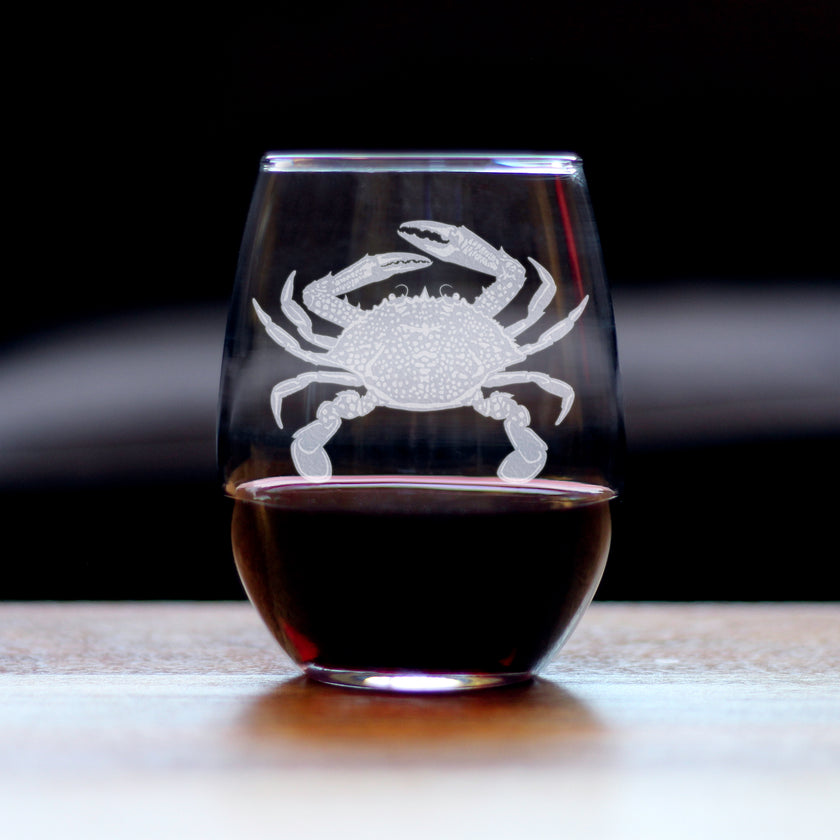 Crab Engraved Stemless Wine Glass - Multi-Layer Engraving - 17 oz & 15 oz