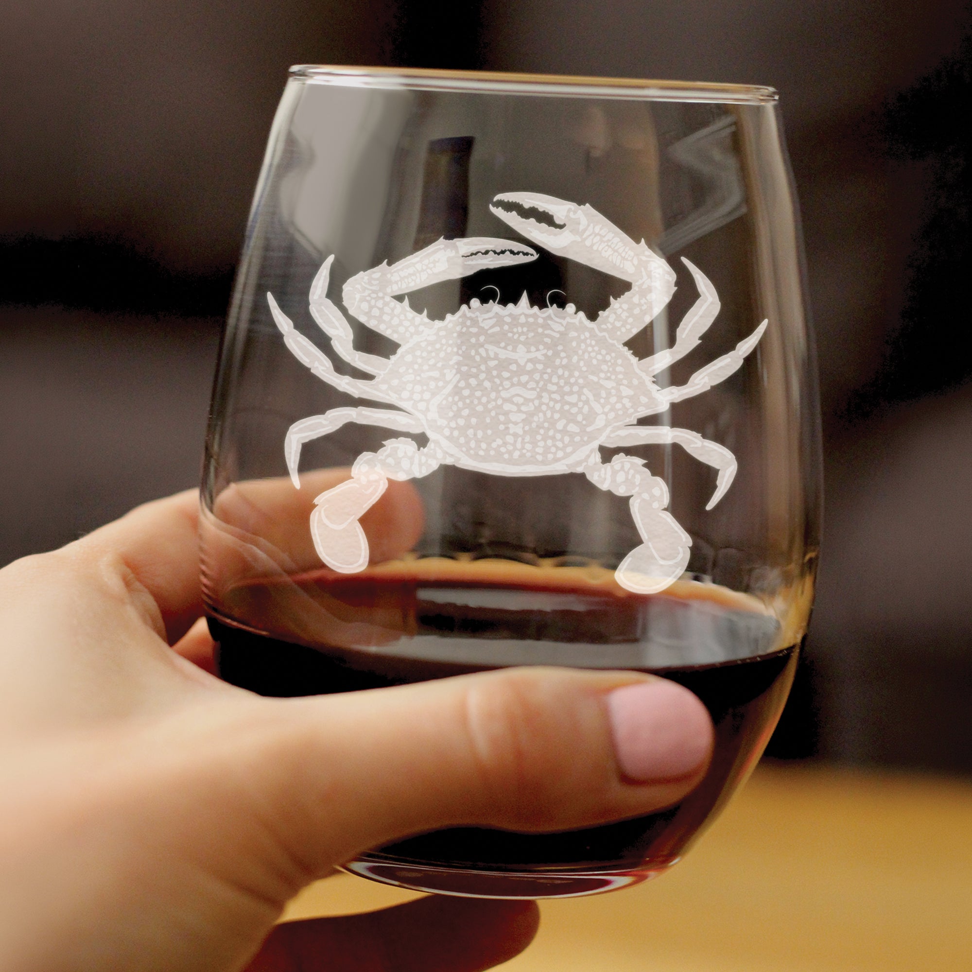 Crab Engraved Stemless Wine Glass - Multi-Layer Engraving - 17 oz & 15 oz