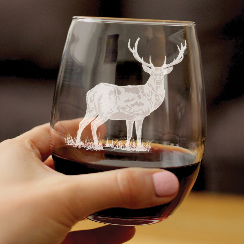Deer Engraved Stemless Wine Glass - Multi-Layer Engraving - 17 oz & 15 oz
