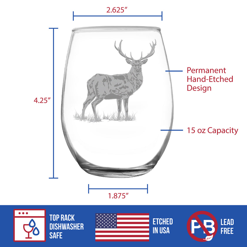 Deer Engraved Stemless Wine Glass - Multi-Layer Engraving - 17 oz & 15 oz