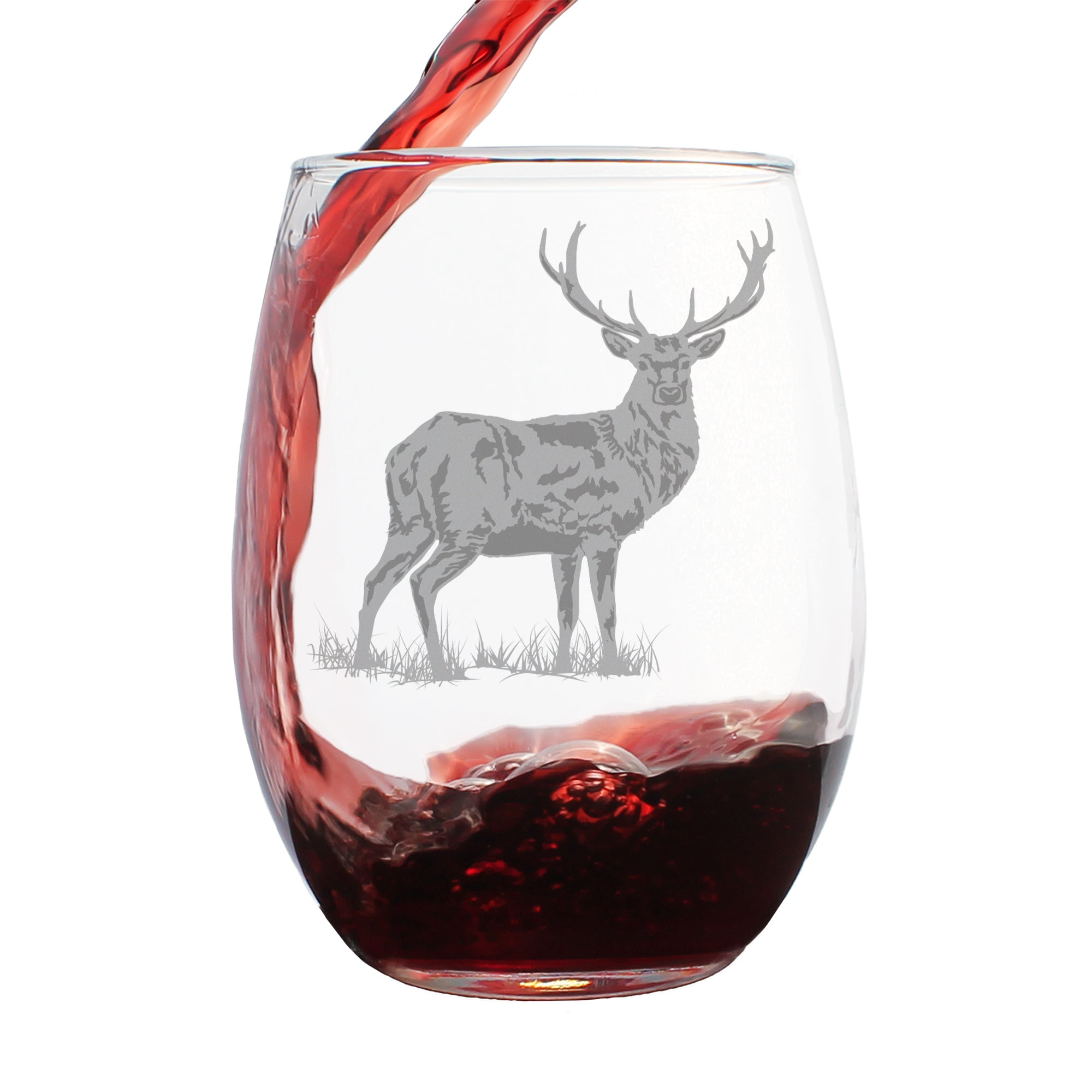 Deer Engraved Stemless Wine Glass - Multi-Layer Engraving - 17 oz & 15 oz