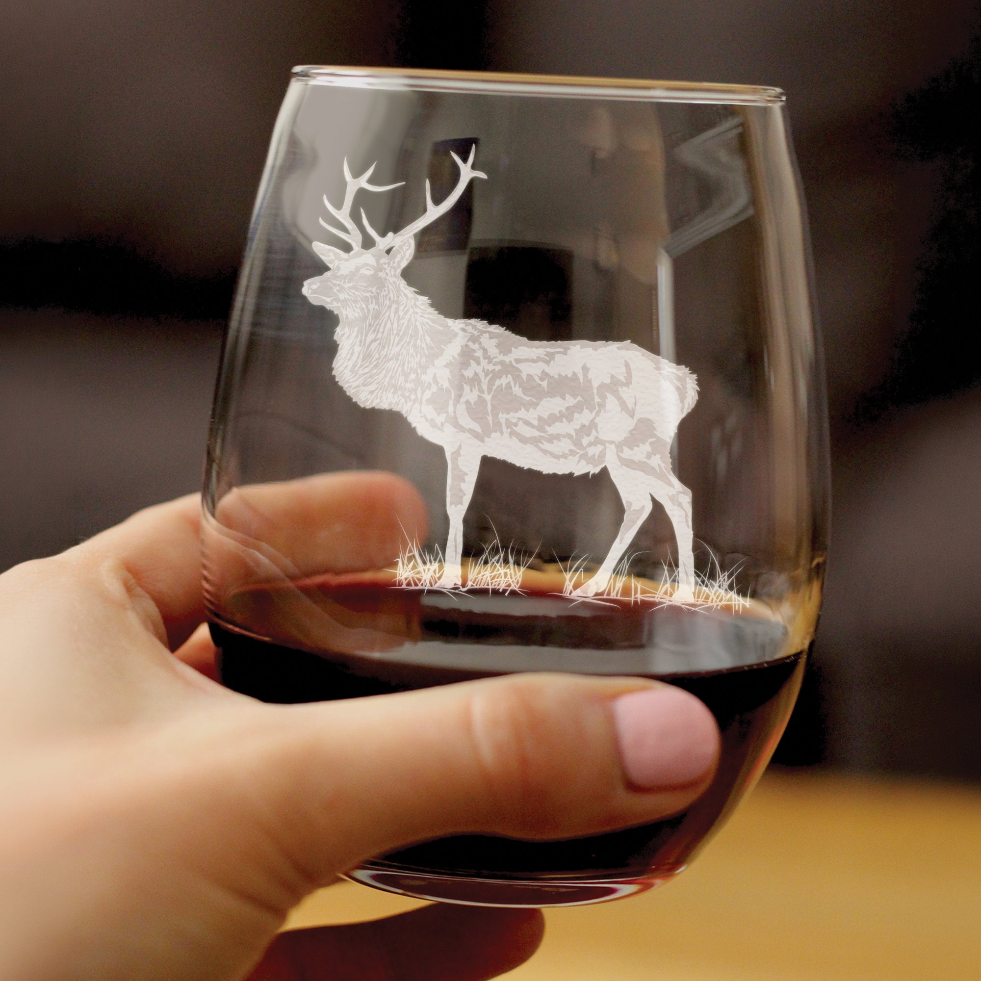 Elk Engraved Stemless Wine Glass - Multi-Layer Engraving - 17 oz & 15 oz