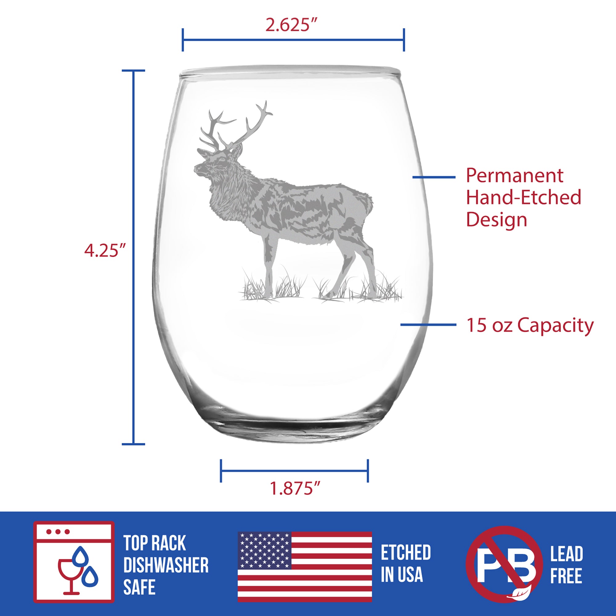 Elk Engraved Stemless Wine Glass - Multi-Layer Engraving - 17 oz & 15 oz