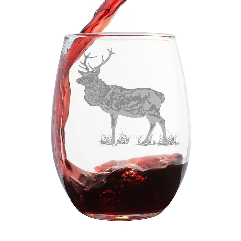 Elk Engraved Stemless Wine Glass - Multi-Layer Engraving - 17 oz & 15 oz