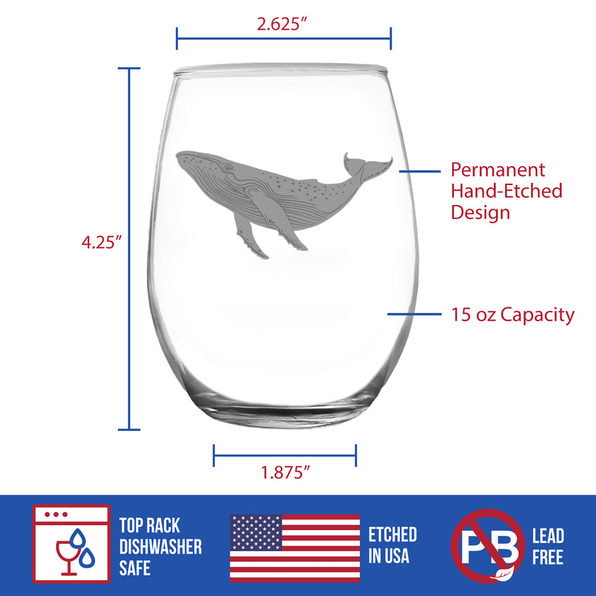 Whale Engraved Stemless Wine Glass - Multi-Layer Engraving - 17 oz & 15 oz