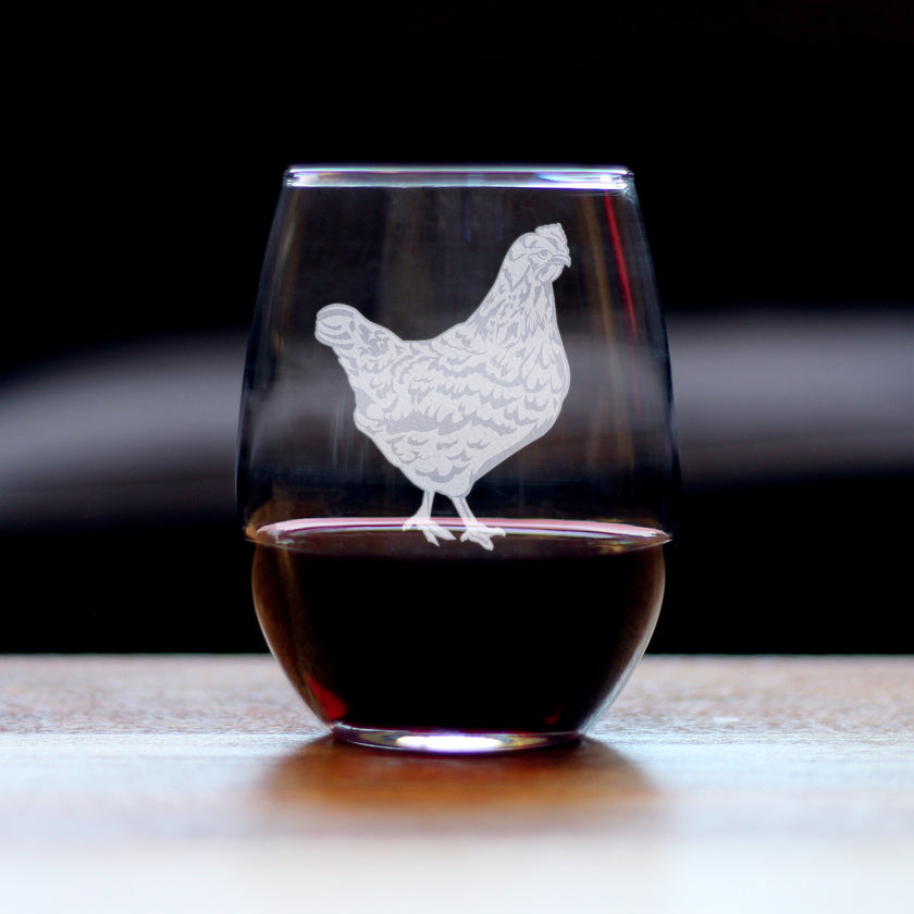 Hen Engraved Stemless Wine Glass - Multi-Layer Engraving - 17 oz & 15 oz