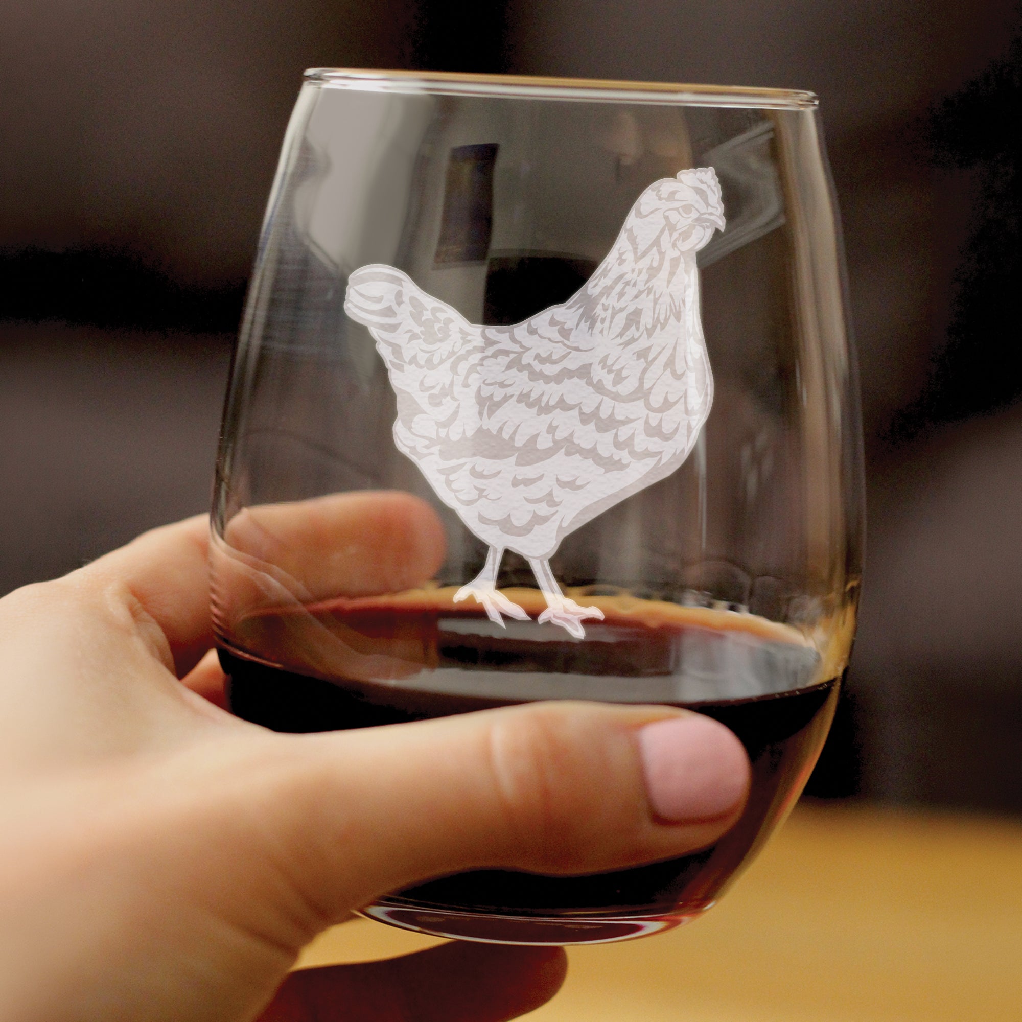 Hen Engraved Stemless Wine Glass - Multi-Layer Engraving - 17 oz & 15 oz