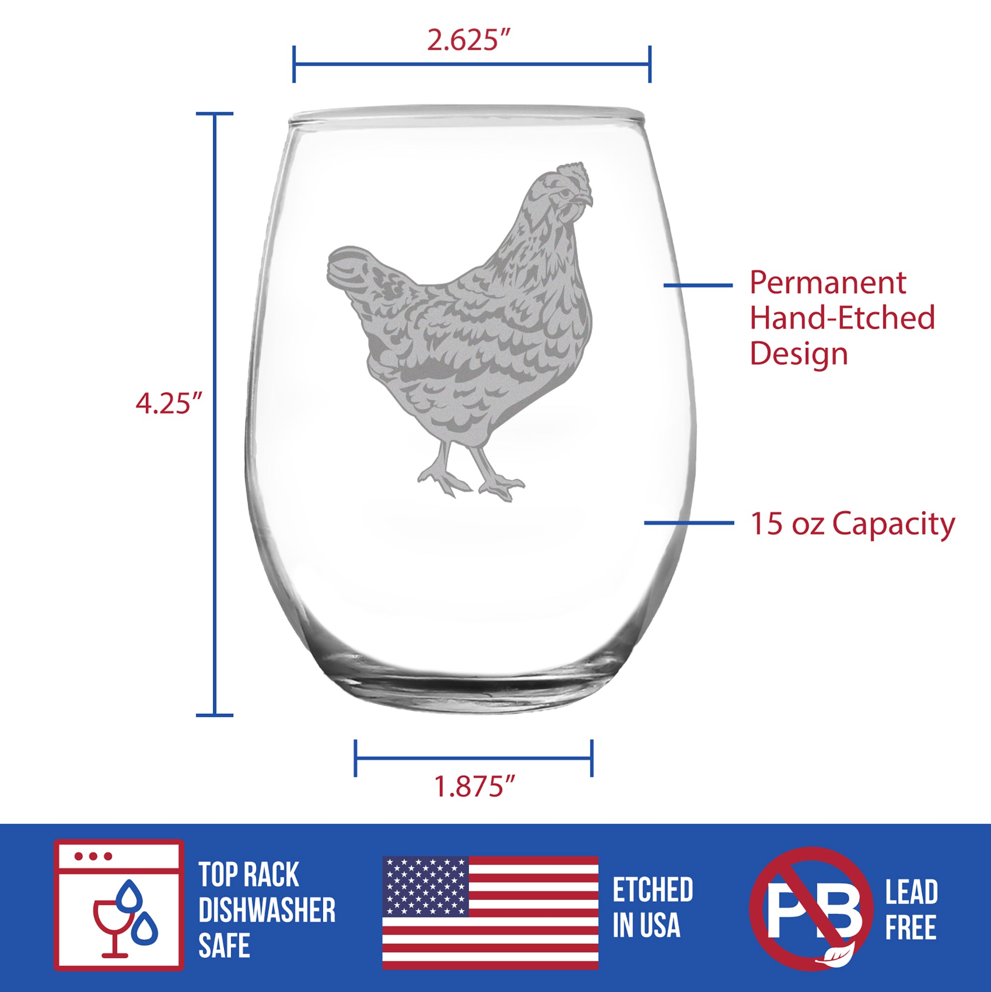 Hen Engraved Stemless Wine Glass - Multi-Layer Engraving - 17 oz & 15 oz