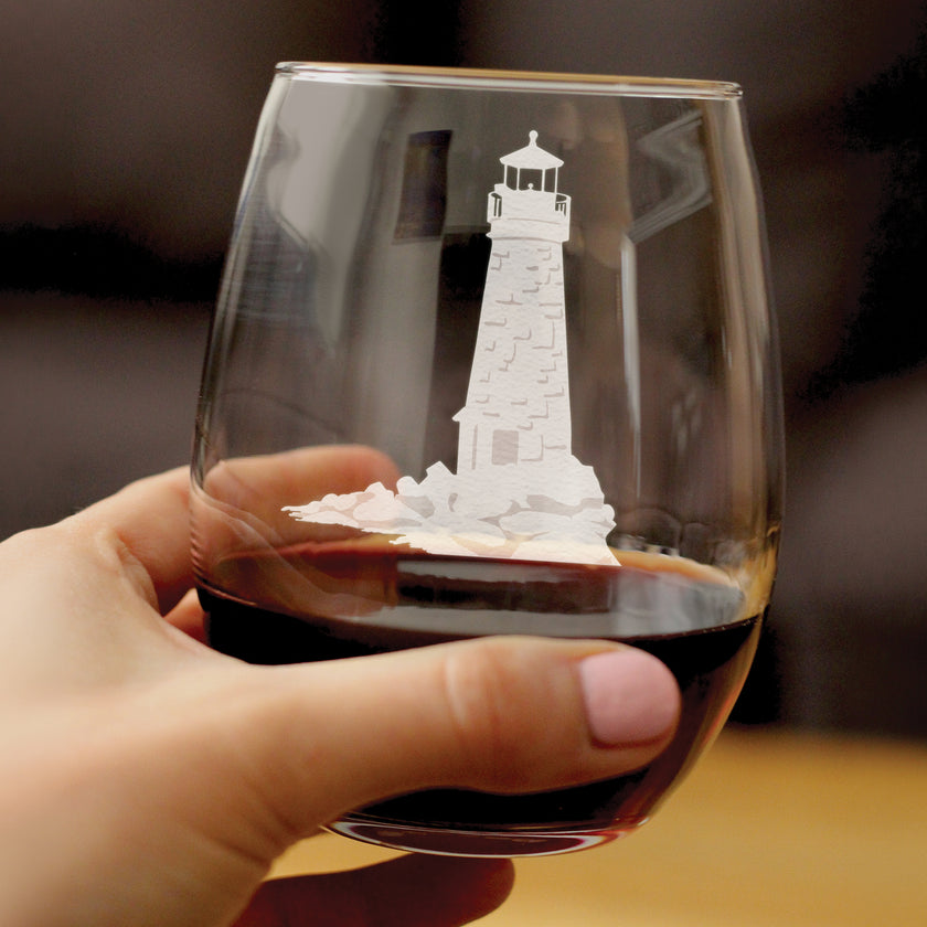 Lighthouse Engraved Stemless Wine Glass - Multi-Layer Engraving - 17 oz & 15 oz