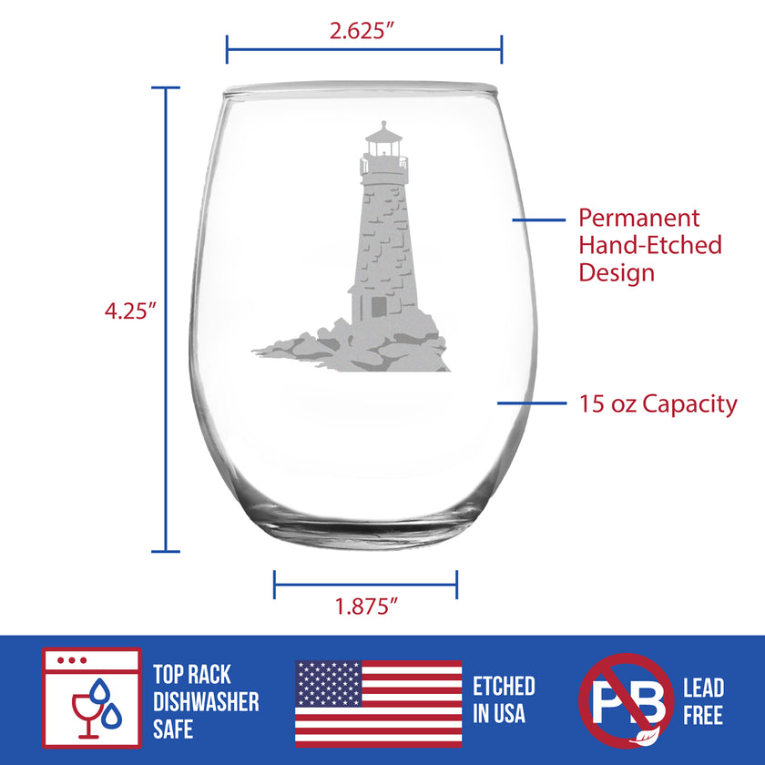 Lighthouse Engraved Stemless Wine Glass - Multi-Layer Engraving - 17 oz & 15 oz