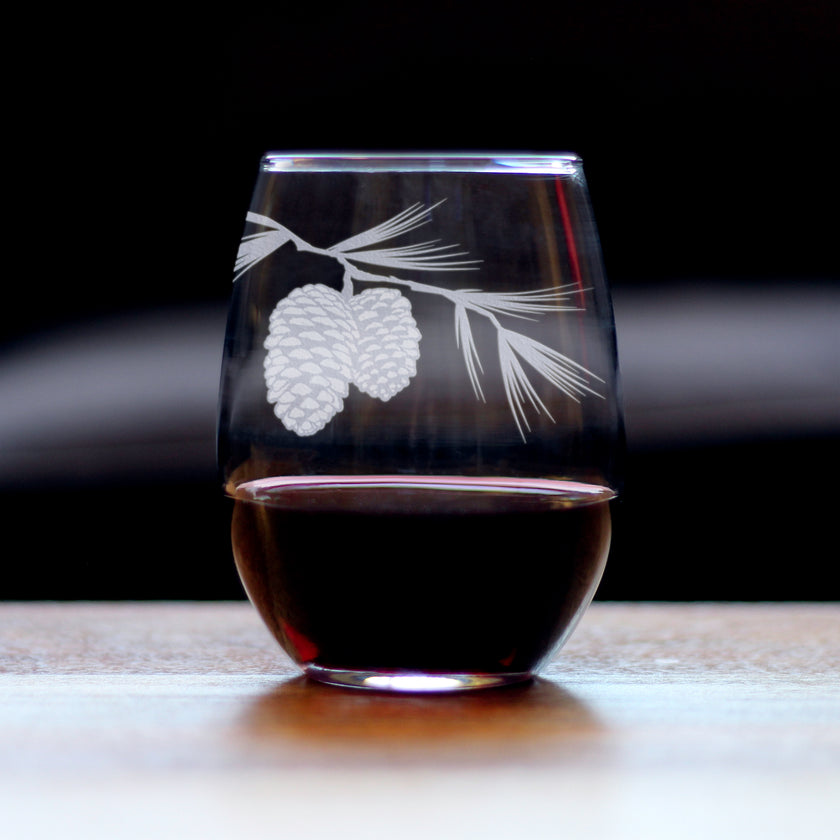 Pinecones Engraved Stemless Wine Glass - Multi-Layer Engraving - 17 oz & 15 oz