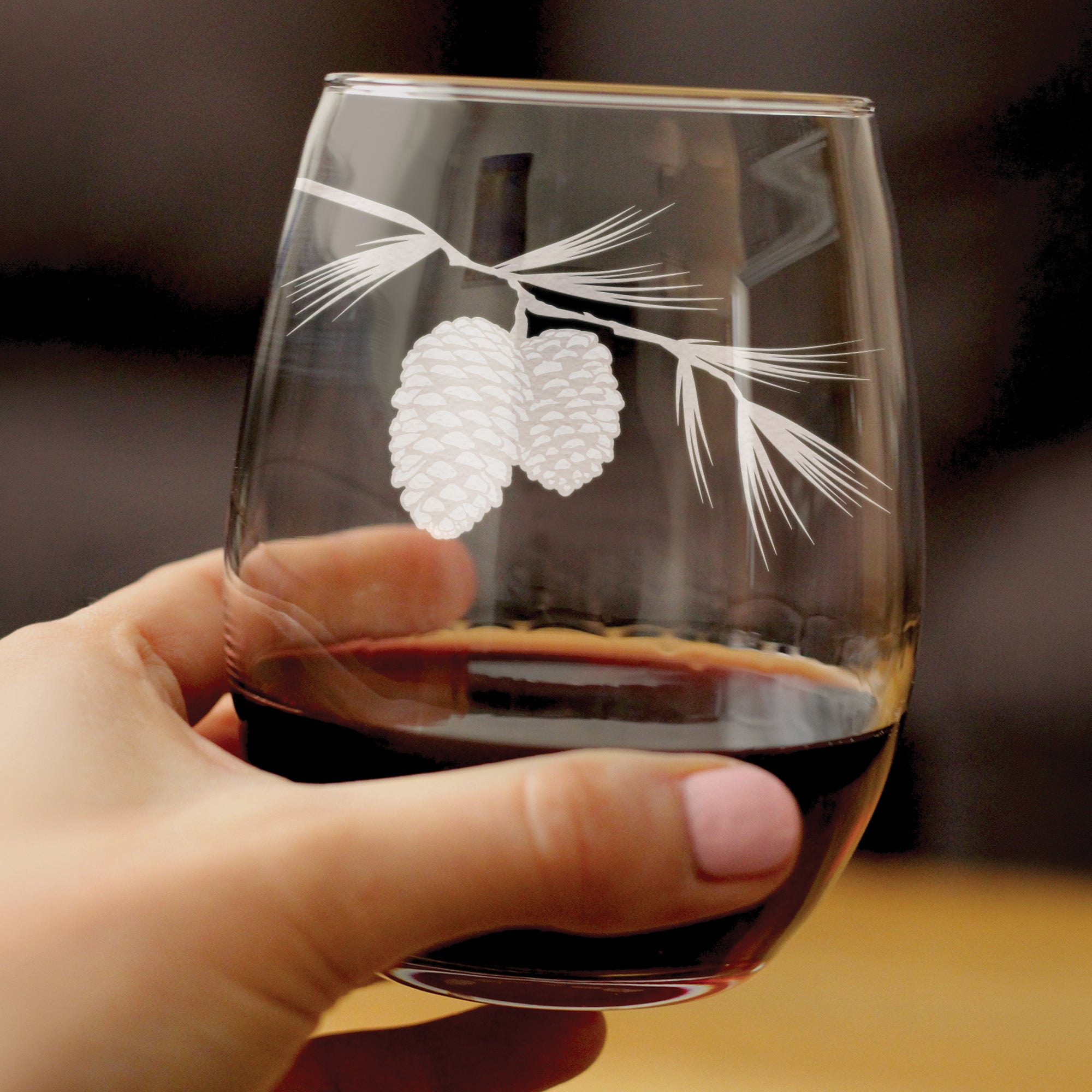 Pinecones Engraved Stemless Wine Glass - Multi-Layer Engraving - 17 oz & 15 oz