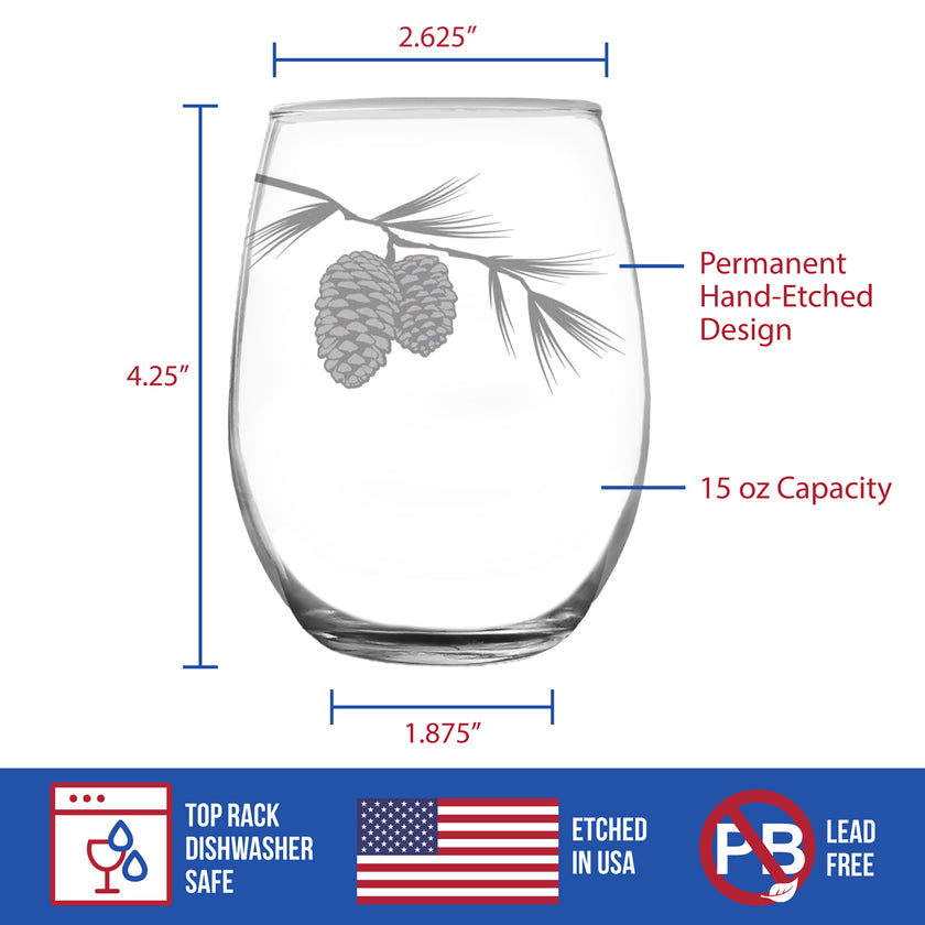 Pinecones Engraved Stemless Wine Glass - Multi-Layer Engraving - 17 oz & 15 oz