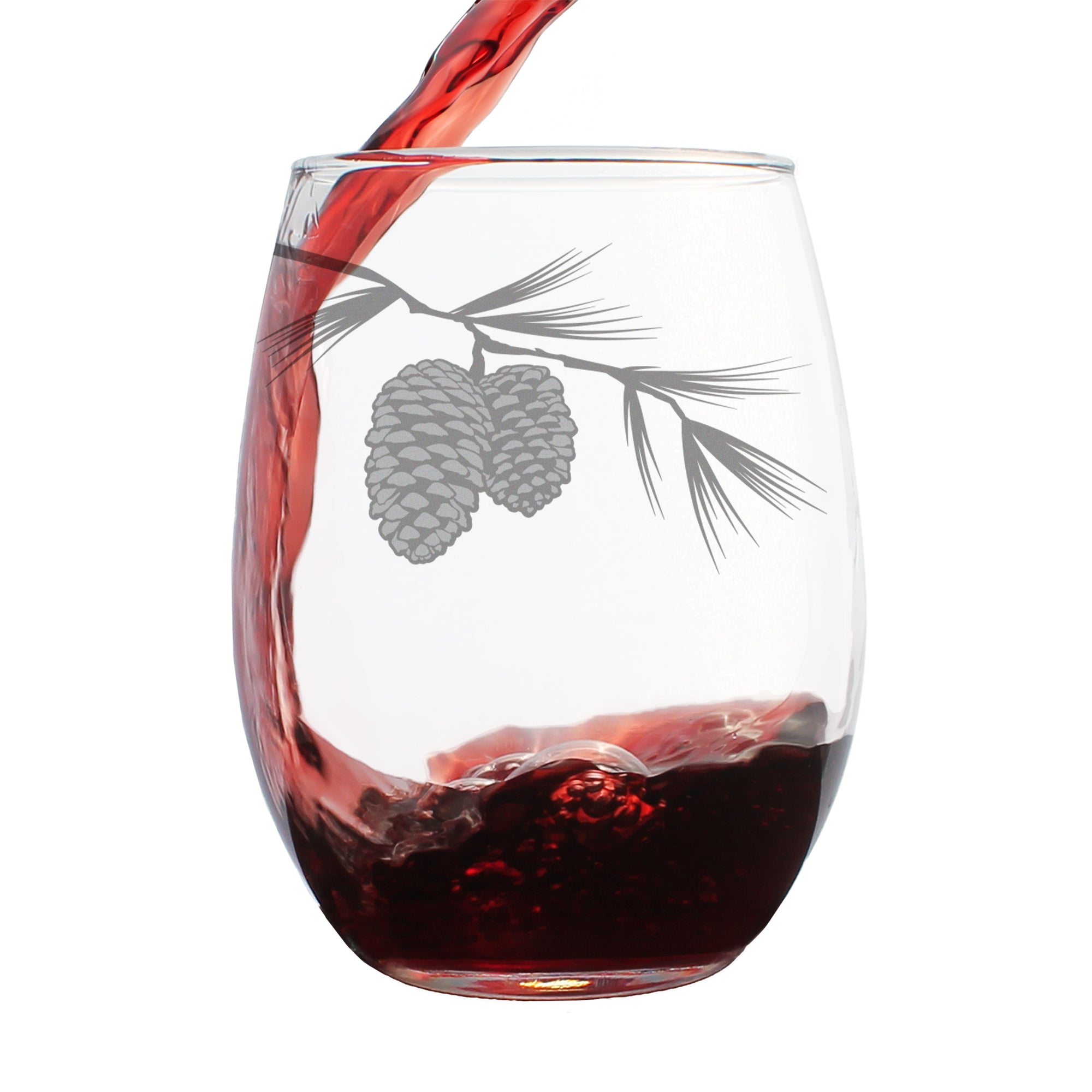 Pinecones Engraved Stemless Wine Glass - Multi-Layer Engraving - 17 oz & 15 oz