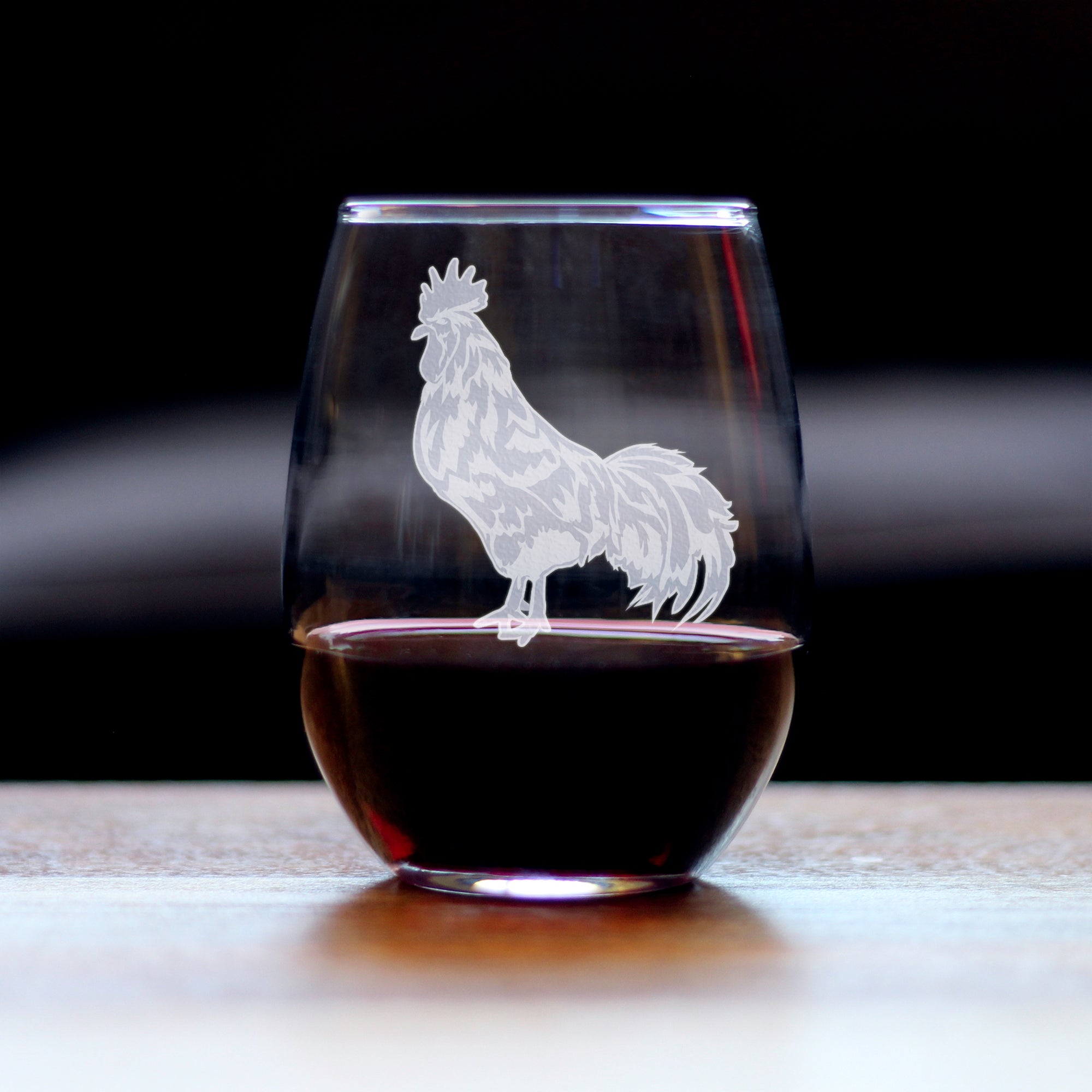 Rooster Engraved Stemless Wine Glass - Multi-Layer Engraving - 17 oz & 15 oz