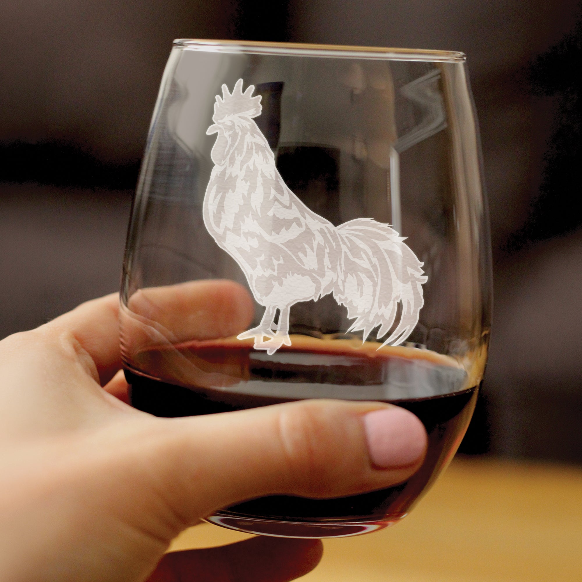 Rooster Engraved Stemless Wine Glass - Multi-Layer Engraving - 17 oz & 15 oz