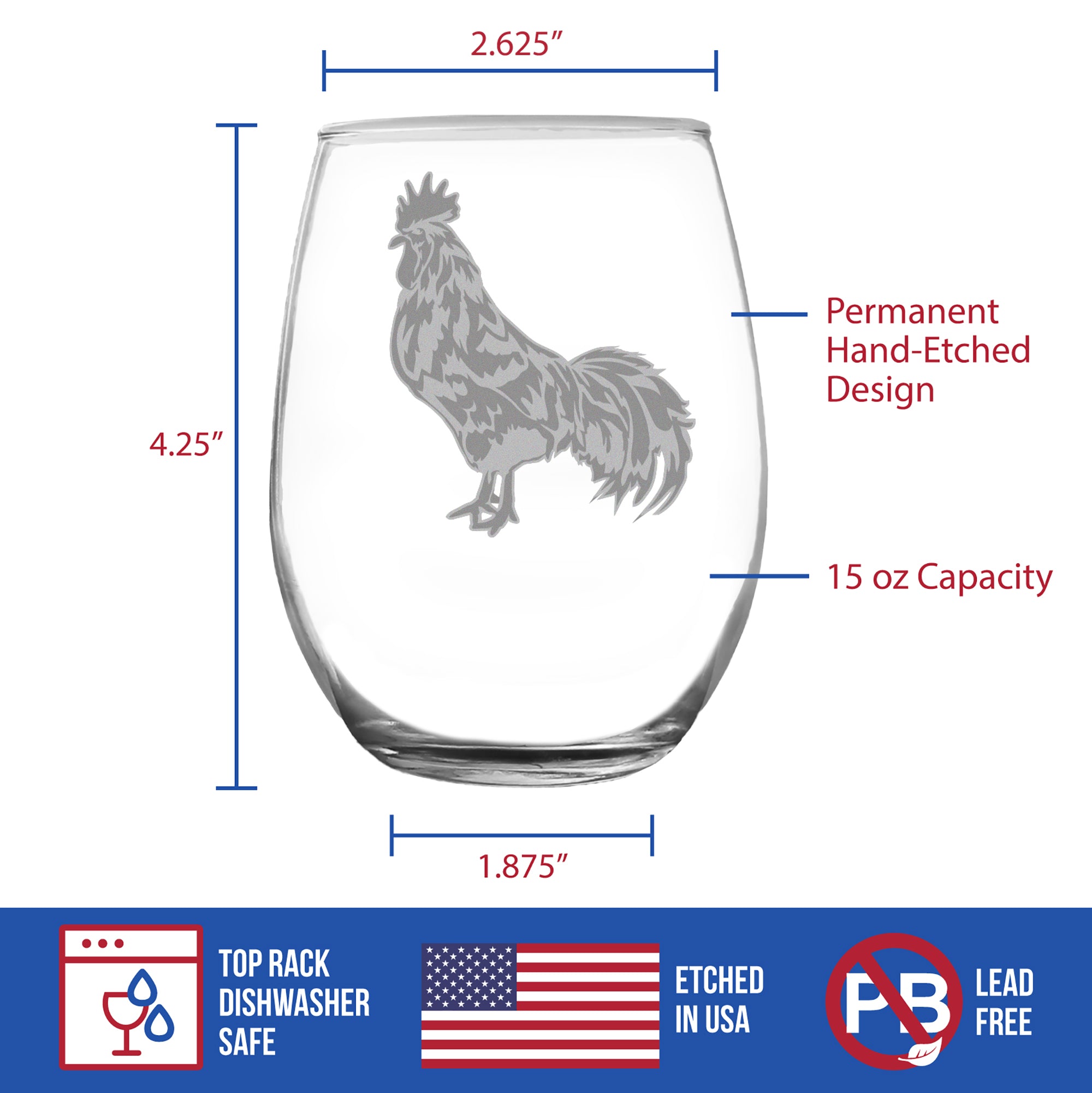 Rooster Engraved Stemless Wine Glass - Multi-Layer Engraving - 17 oz & 15 oz