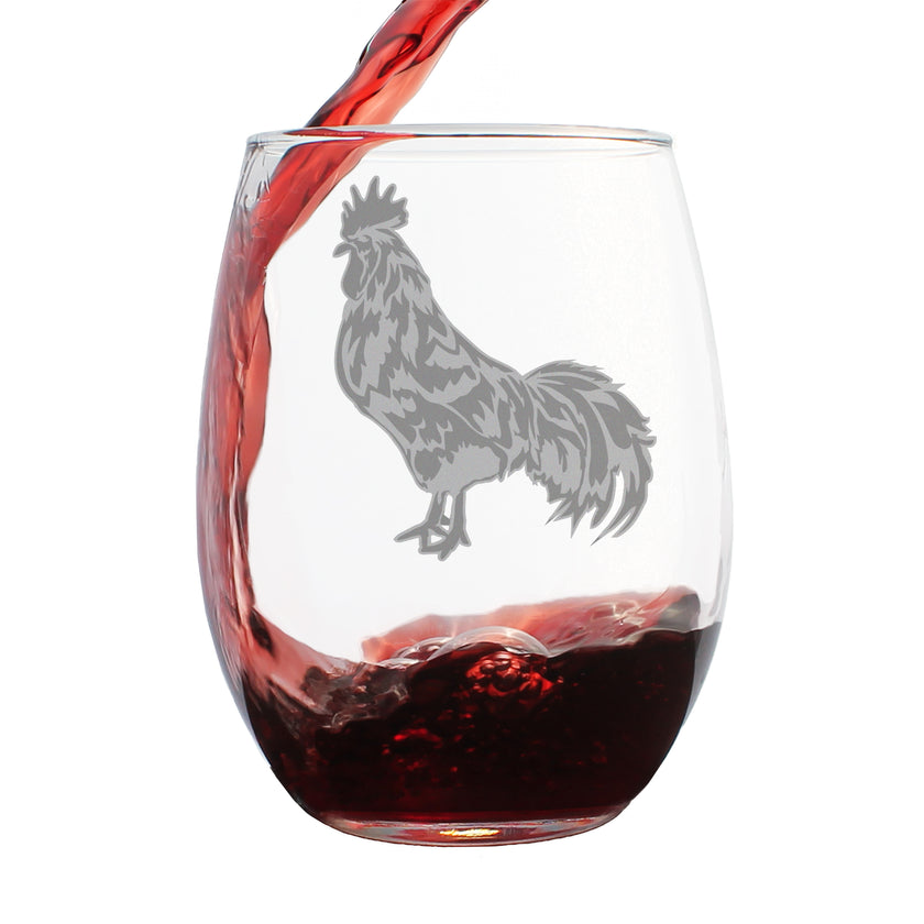 Rooster Engraved Stemless Wine Glass - Multi-Layer Engraving - 17 oz & 15 oz