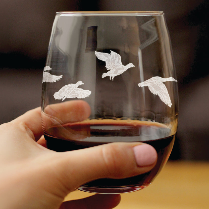 Flying Ducks Engraved Stemless Wine Glass - Full Wrap - Multi-Layer Engraving - 17 oz & 15 oz