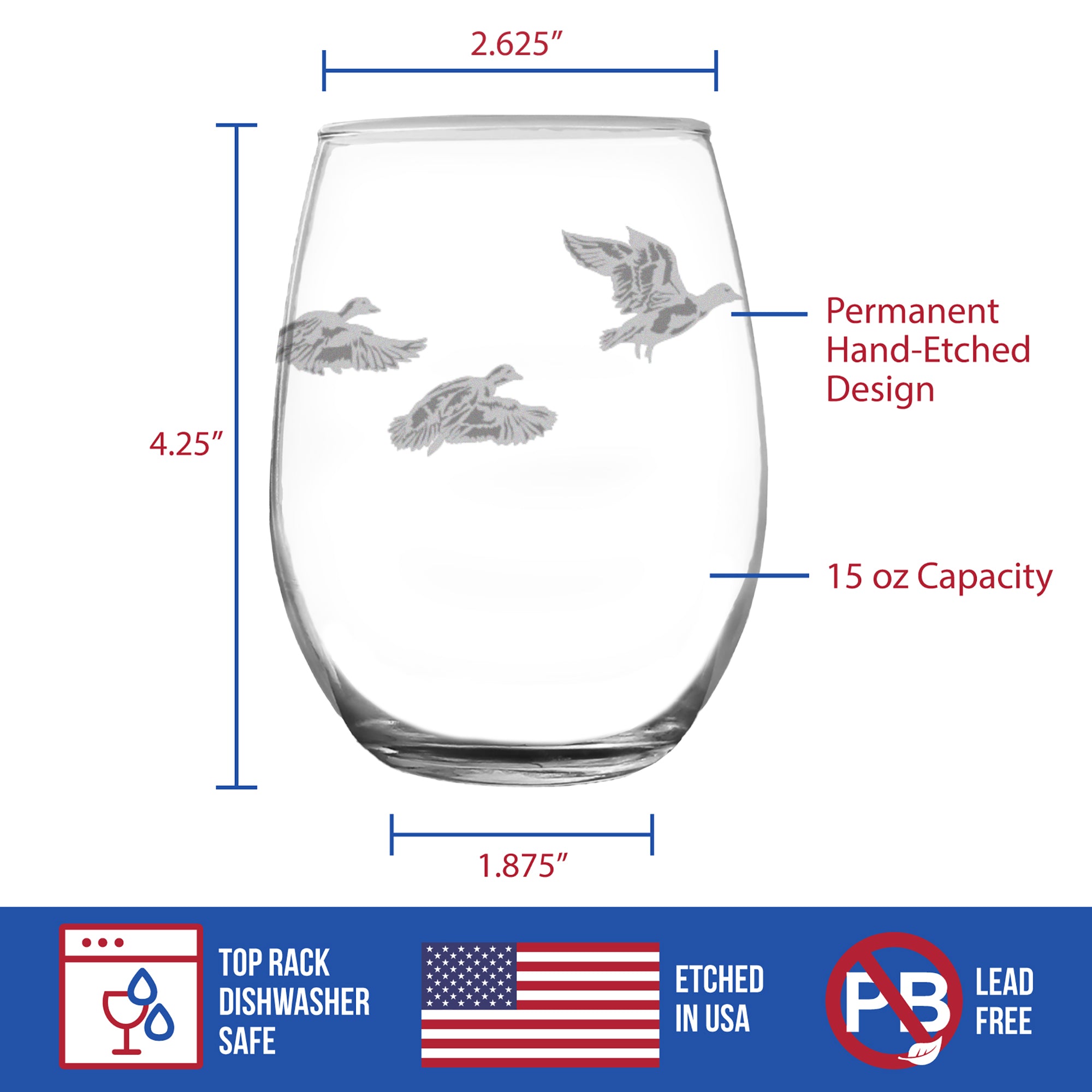 Flying Ducks Engraved Stemless Wine Glass - Full Wrap - Multi-Layer Engraving - 17 oz & 15 oz