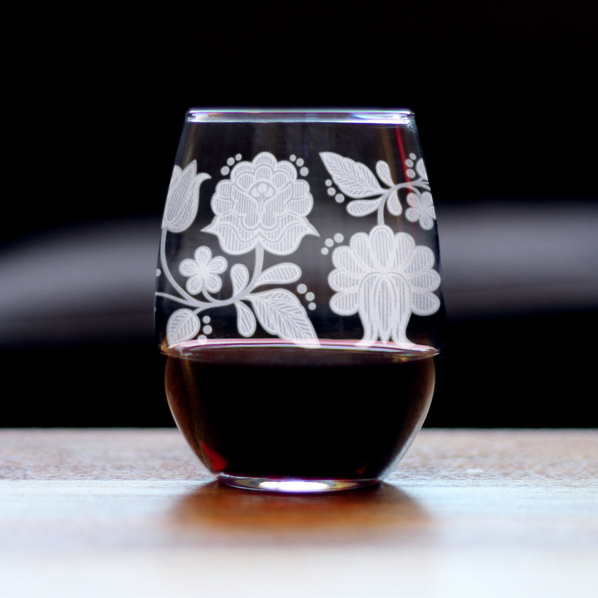 Folk Art Floral Engraved Stemless Wine Glass Hungarian Kalocsa Embroidery Pattern Multi-Layer Engraving - 17 oz & 15 oz