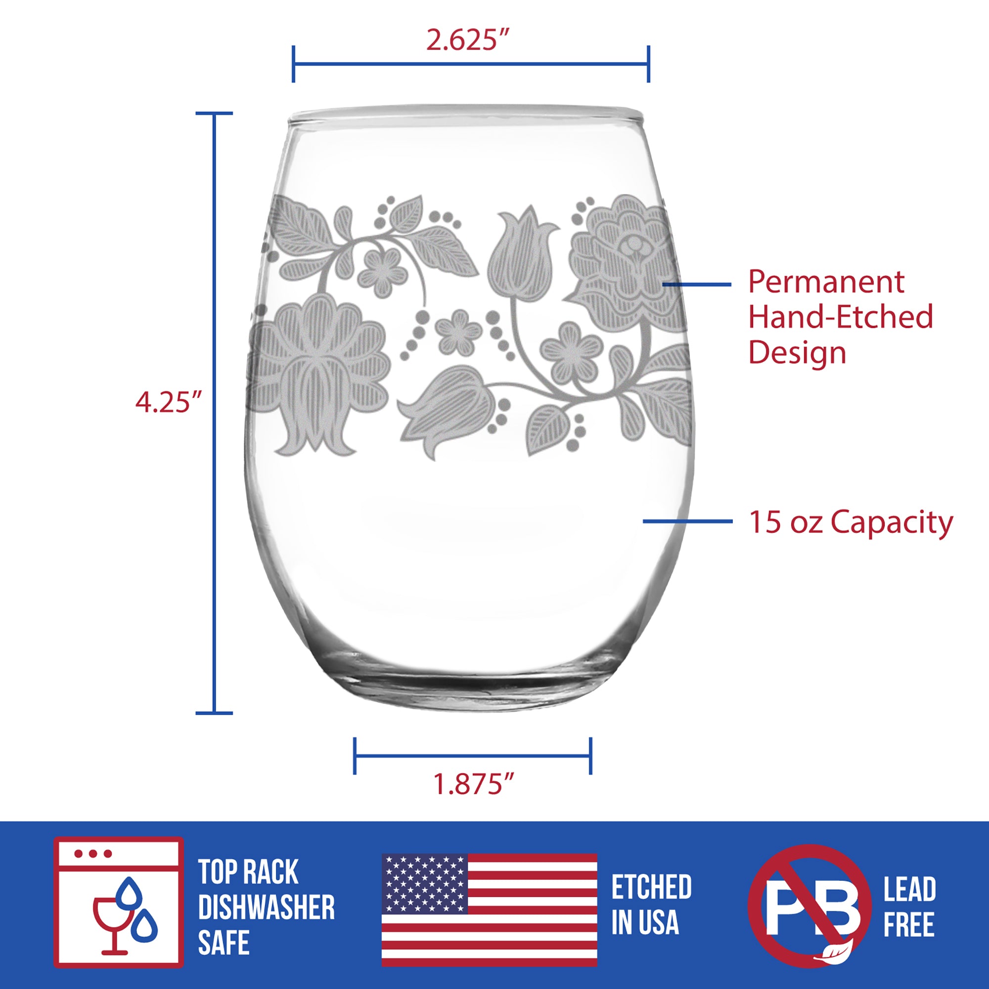 Folk Art Floral Engraved Stemless Wine Glass Hungarian Kalocsa Embroidery Pattern Multi-Layer Engraving - 17 oz & 15 oz