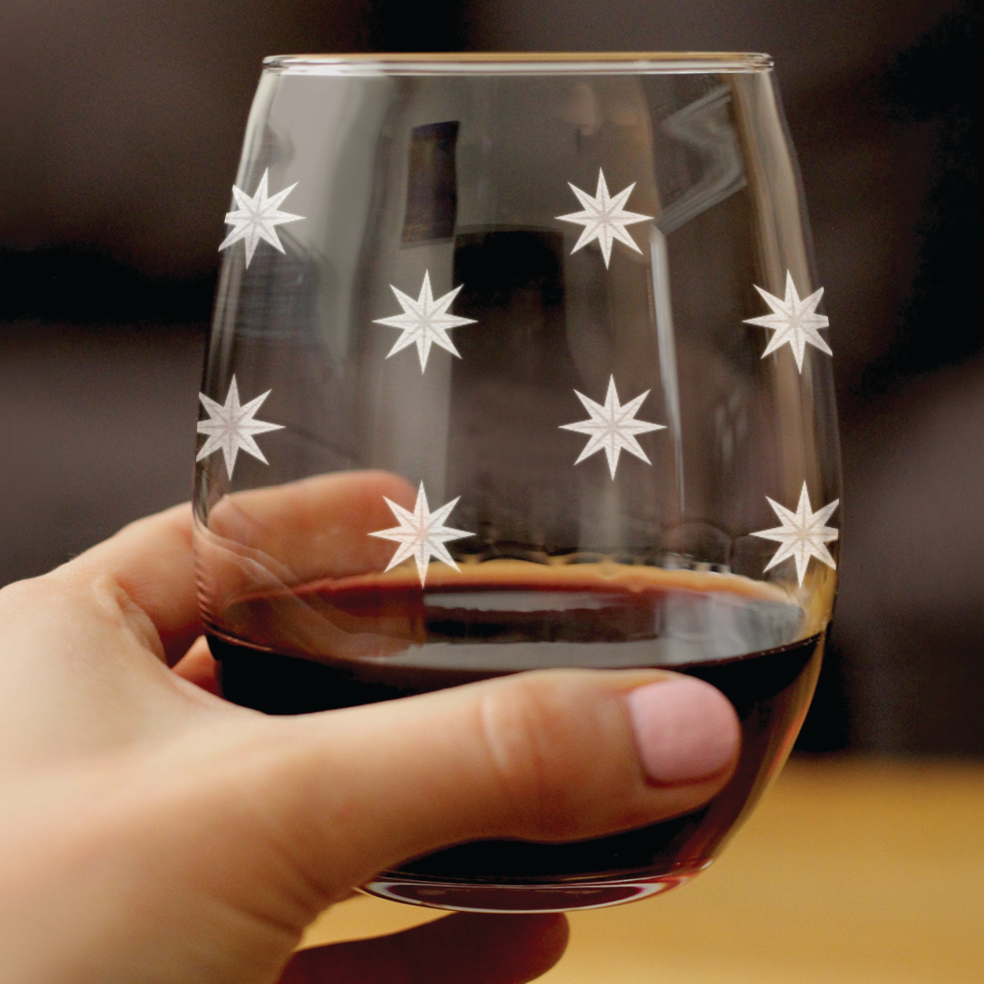 Star Pattern Engraved Stemless Wine Glass - Full Wrap - Multi-Layer Engraving - 17 oz & 15 oz