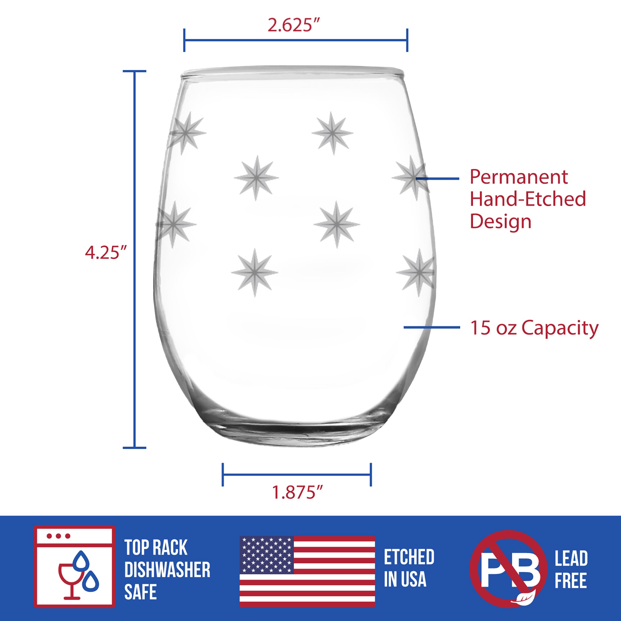 Star Pattern Engraved Stemless Wine Glass - Full Wrap - Multi-Layer Engraving - 17 oz & 15 oz