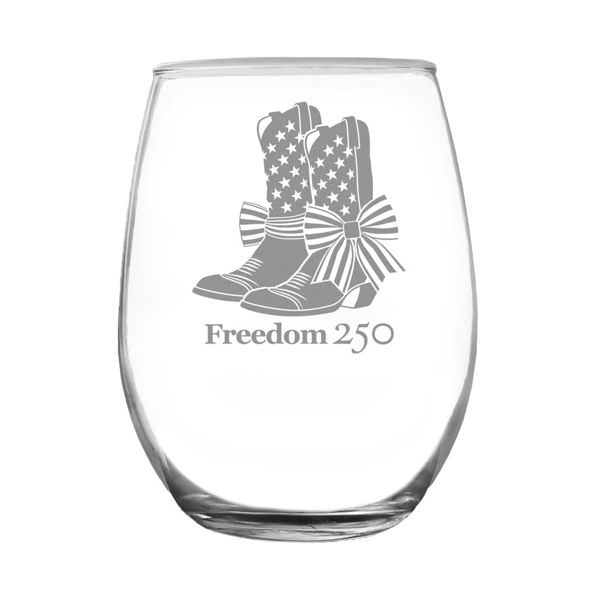 Freedom 250 Cowgirl Boots Engraved Stemless Wine Glass - 15 oz Official USA 250th Anniversary Merch