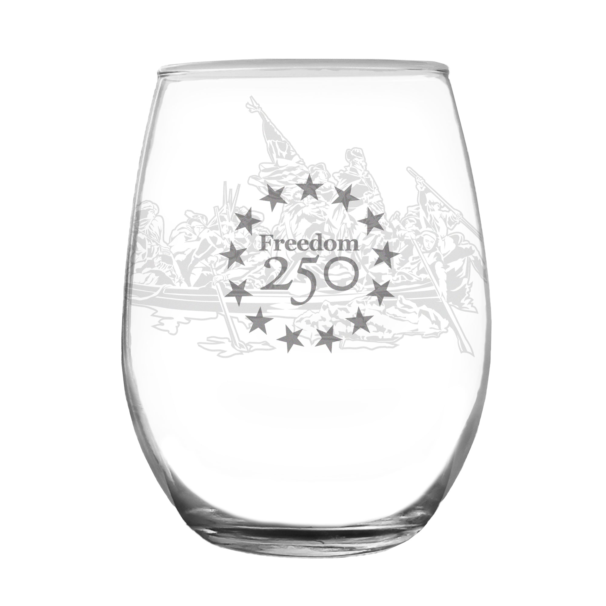Freedom 250 Washington Crossing the Delaware Engraved Stemless Wine Glass - 15 oz Official USA 250th Anniversary Merch