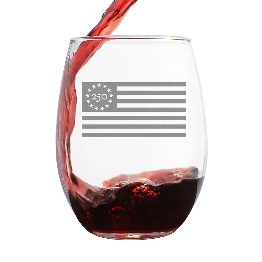 Freedom 250 Flag Logo Engraved Stemless Wine Glass - 15 oz Official USA 250th Anniversary Merch