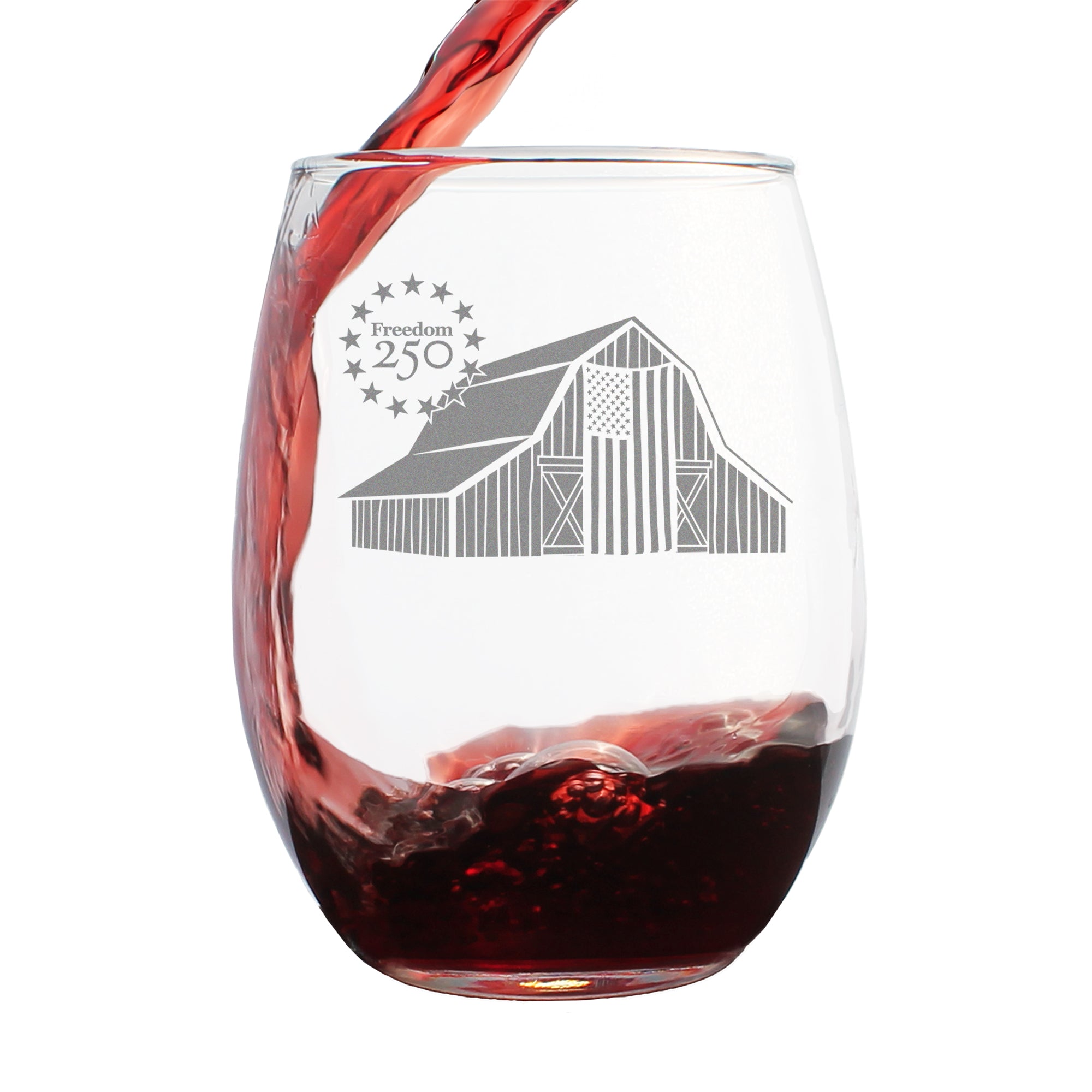 Freedom 250 Homestead Barn Engraved Stemless Wine Glass - 15 oz Official USA 250th Anniversary Merch