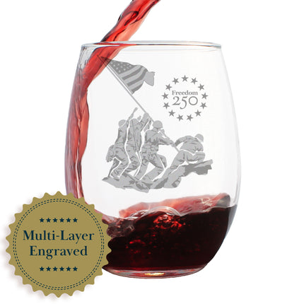 Freedom 250 Raising the Flag on Iwo Jima Engraved Stemless Wine Glass Official Merch for 250th Anniversary of the USA Wine Glasses - 15 oz