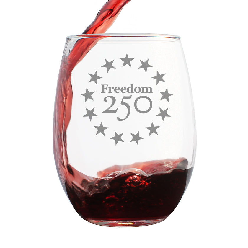 Freedom 250 Betsy Ross Logo Engraved Stemless Wine Glass - 15 oz Official USA 250th Anniversary Merch