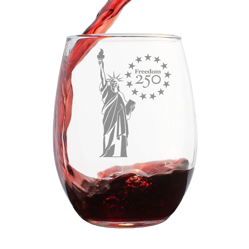 Freedom 250 Statue of Liberty Engraved Stemless Wine Glass - 15 oz Official USA 250th Anniversary Merch