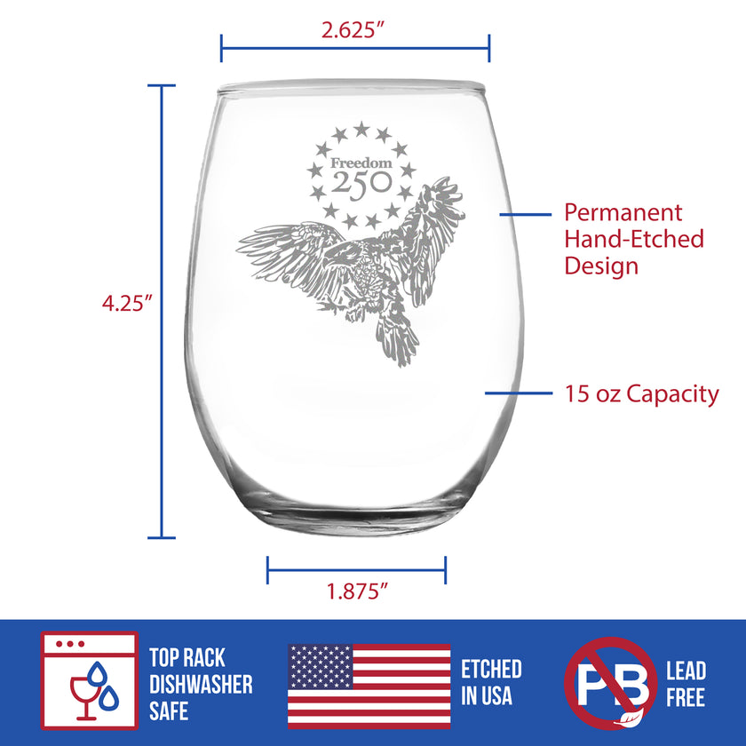 Freedom 250 Bald Eagle Engraved Stemless Wine Glass - 15 oz Official USA 250th Anniversary Merch
