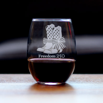Freedom 250 Cowgirl Boots Engraved Stemless Wine Glass - 15 oz Official USA 250th Anniversary Merch