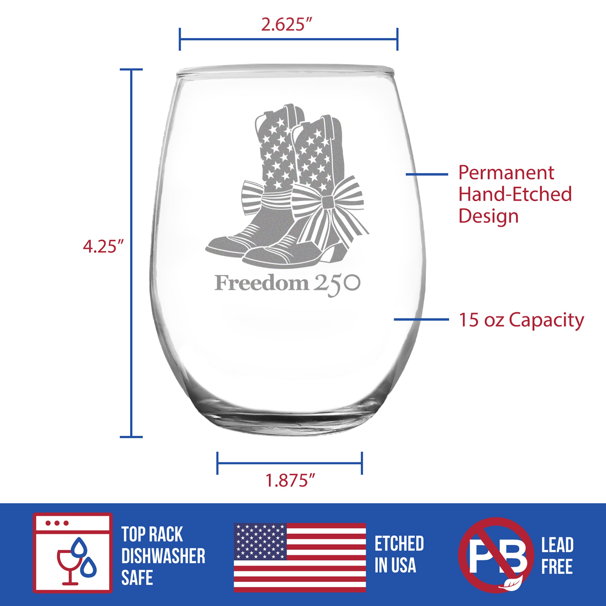 Freedom 250 Cowgirl Boots Engraved Stemless Wine Glass - 15 oz Official USA 250th Anniversary Merch