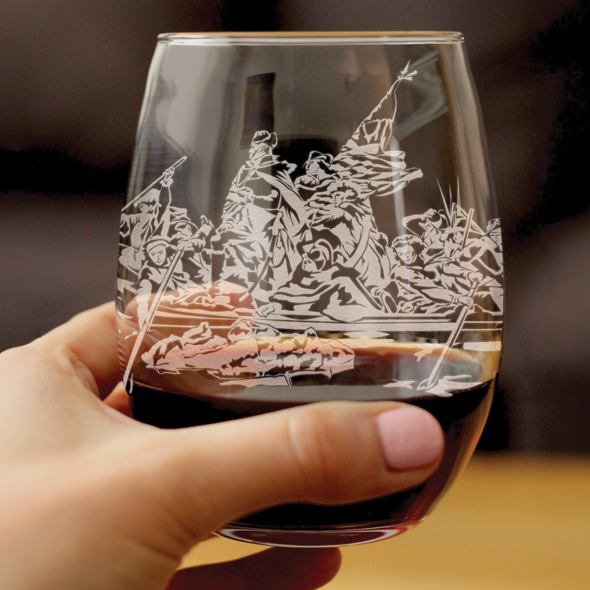 Freedom 250 Washington Crossing the Delaware Engraved Stemless Wine Glass - 15 oz Official USA 250th Anniversary Merch