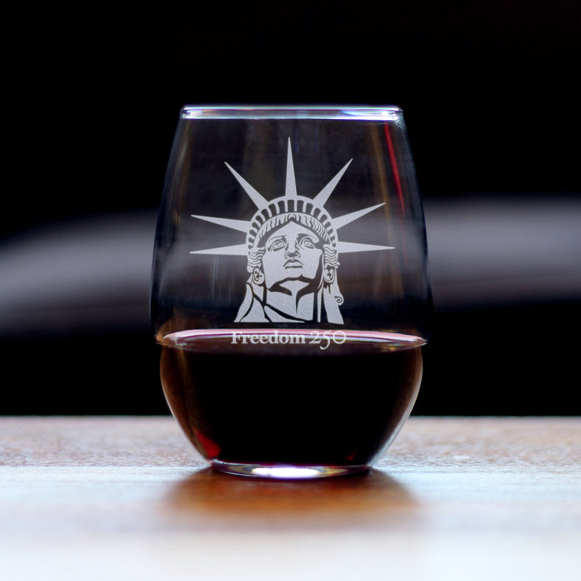 Freedom 250 Statue of Liberty Profile Engraved Stemless Wine Glass - 15 oz Official USA 250th Anniversary Merch