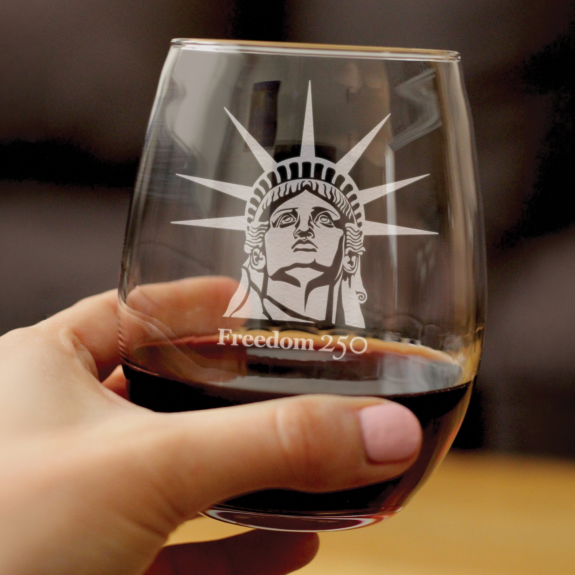 Freedom 250 Statue of Liberty Profile Engraved Stemless Wine Glass - 15 oz Official USA 250th Anniversary Merch