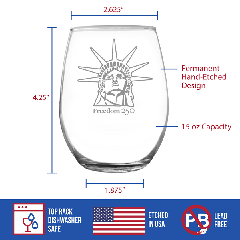 Freedom 250 Statue of Liberty Profile Engraved Stemless Wine Glass - 15 oz Official USA 250th Anniversary Merch